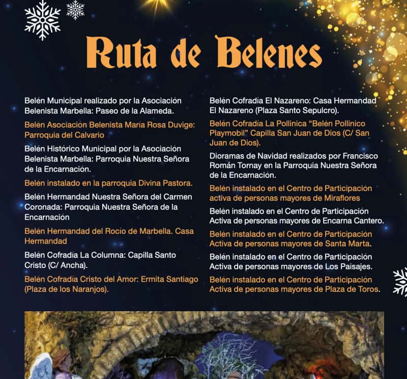 Cartel de la Ruta de Belenes de Marbella con fondo azul y luces doradas, título en letras doradas y lista de belenes en parroquias, hermandades y centros de mayores de Marbella – Ruta de Belenes Marbella 2025.