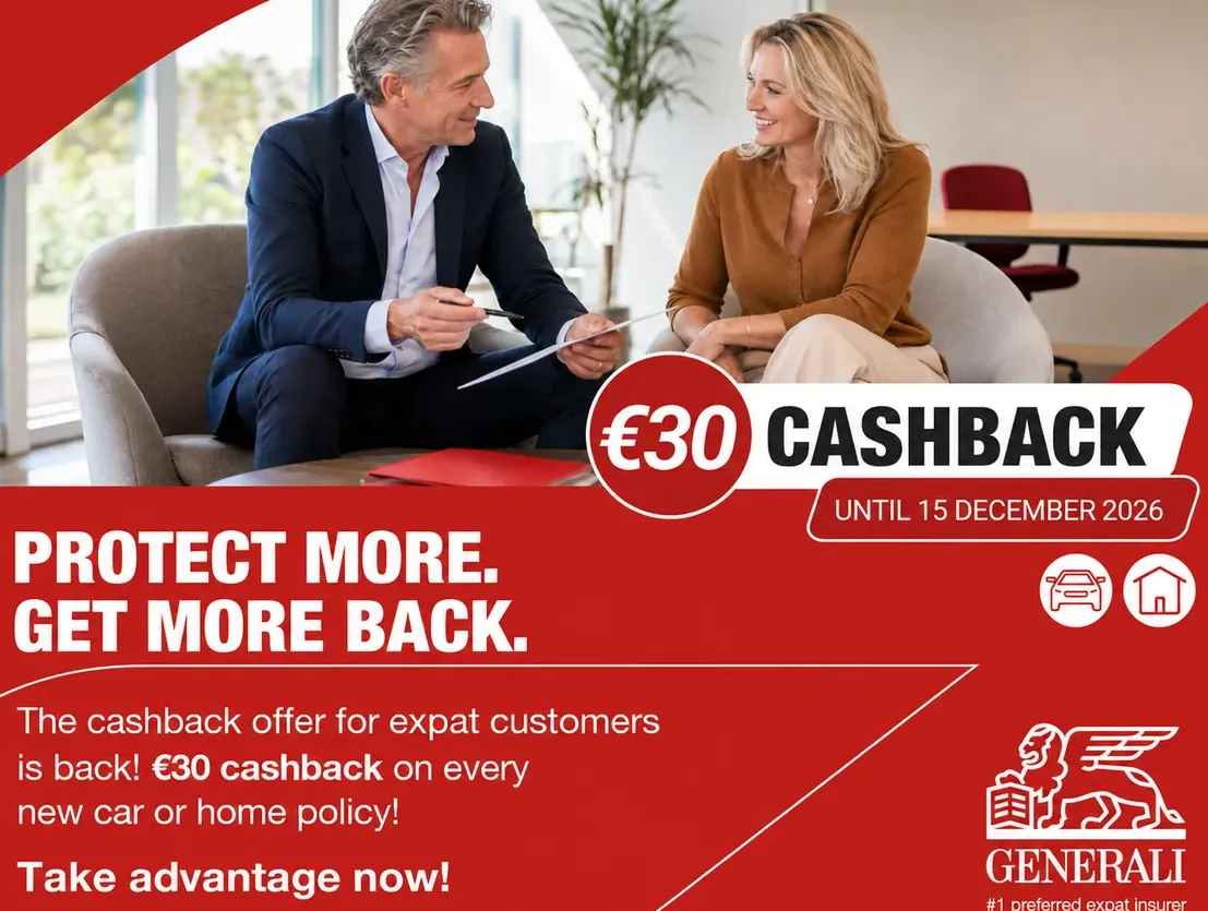 Promoción Generali de 30 € de cashback para nuevas pólizas de seguro de Auto y Hogar para expatriados en España.